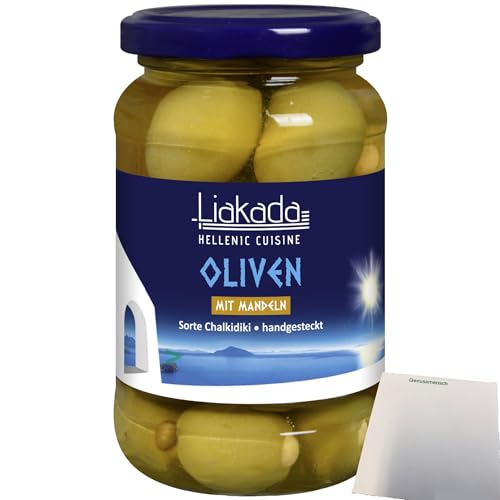 Liakada Grüne Oliven Mit Mandeln Sorte Chalkidiki Handgesteckt (200g Glas) + usy Block von usy