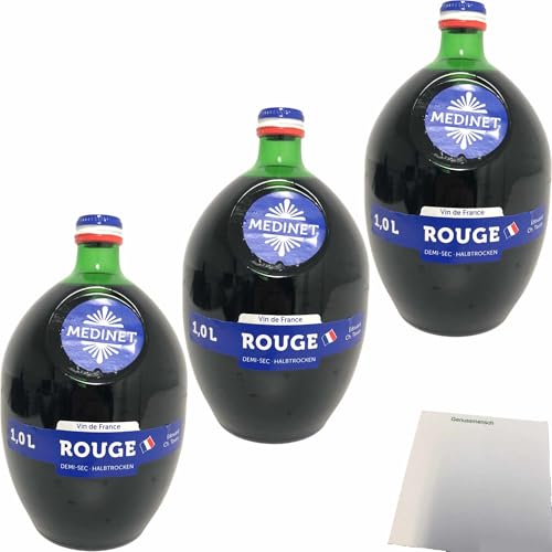 Medinet Rouge Rotwein halbtrocken rot vollmundig fruchtig 12% vol. 3er Pack (3x1 Liter Flasche) + usy Block von usy