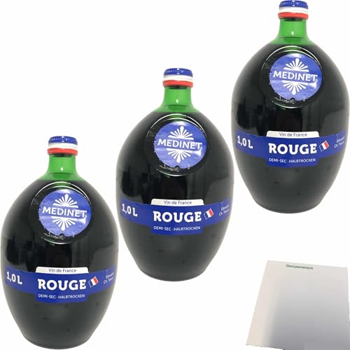 Medinet Rouge Rotwein halbtrocken rot vollmundig fruchtig 12%vol. 3er Pack (3x1 Liter Flasche) + usy Block von usy