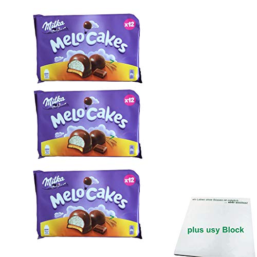 Milka Melo-Cakes 3er Pack (3x 200g Packung, Schaumzucker & Keks) + usy Block von usy