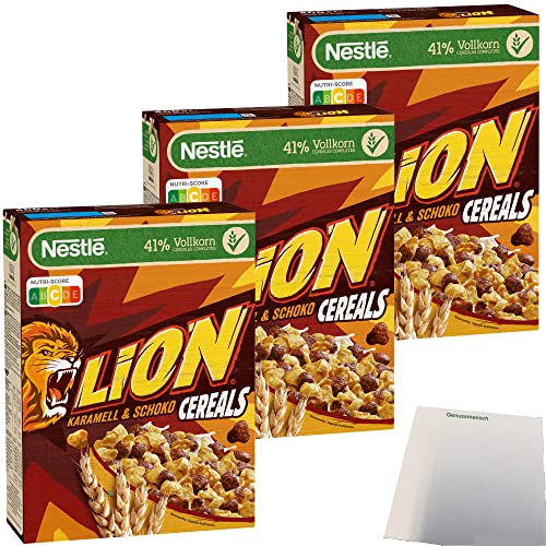 Nestle Lion Cereals Karamellschoko Cornflakes 41% Vollkorn 3er Pack (3x400g Packung) + usy Block von usy