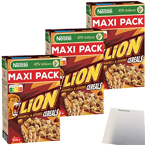 Nestle Lion Cereals Karamellschoko Cornflakes 41% Vollkorn 3er Pack (3x675g MAXI Packung) + usy Block von usy