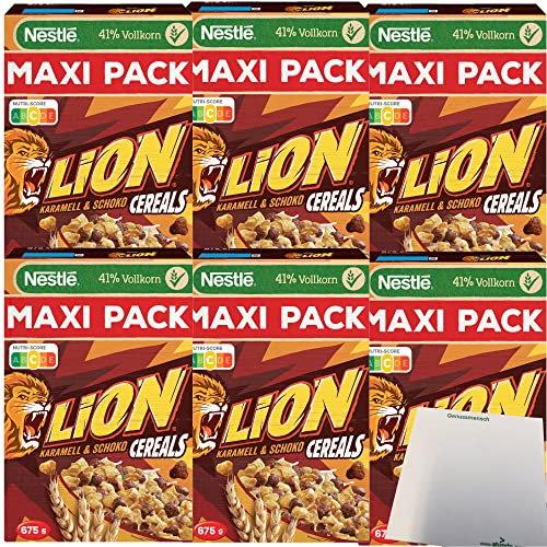 Nestle Lion Cereals Karamellschoko Cornflakes 41% Vollkorn 6er Pack (6x675g MAXI Packung) + usy Block von usy
