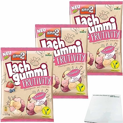 Nimm 2 Lachgummi Frutivity Yoghurt 6 Geschmacksrichtungen und 20% Fruchsaft 3er Pack (3x225g Packung) + usy Block von usy