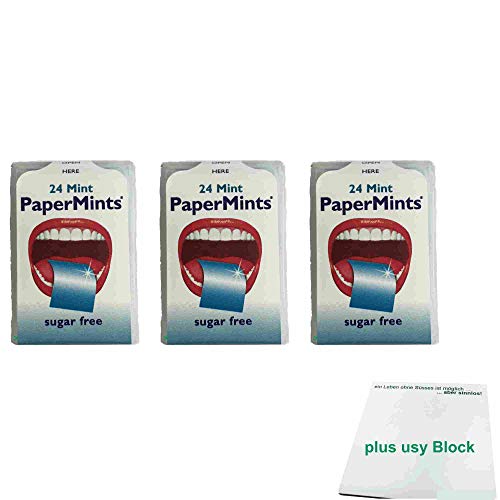 PaperMints Cool Mint Strips Fresh Breath Sugarfree 3er Pack (3x24St Minzblättchen) + usy Block von usy