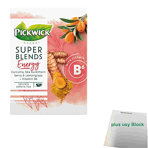 Pickwick Super Blends Energy mit Curcuma, Sanddornbeere & Zitronengras (15x1,5g Teebeutel) + usy Block von usy