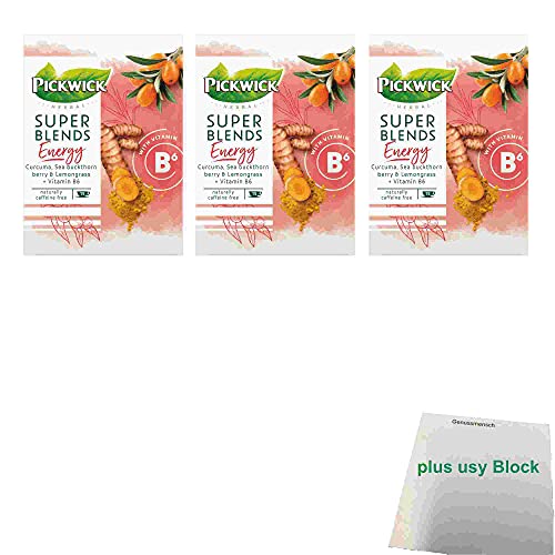 Pickwick Super Blends Energy mit Curcuma, Sanddornbeere & Zitronengras 3er Pack (3x 15x1,5g Teebeutel) + usy Block von usy