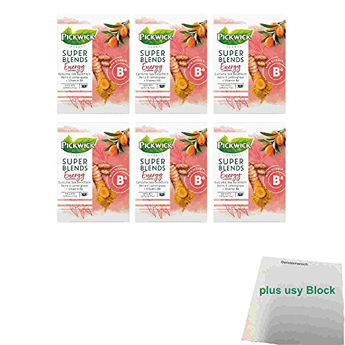 Pickwick Super Blends Energy mit Curcuma, Sanddornbeere & Zitronengras 6er Pack (6x 15x1,5g Teebeutel) + usy Block von usy