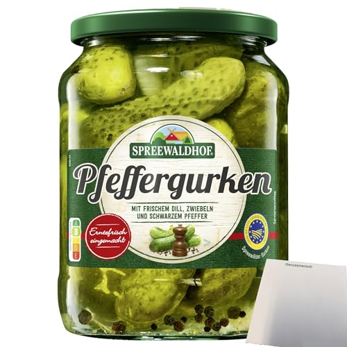 Spreewaldhof Pfeffergurken mit frischem Dill Zwiebeln und schwarzem Pfeffer (670g Glas) + usy Block von usy