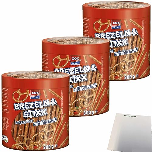 XOX Salzstangen Brezeldose Laugengebäck mit Meersalz 3er Pack (3x300g Dose) + usy Block von usy