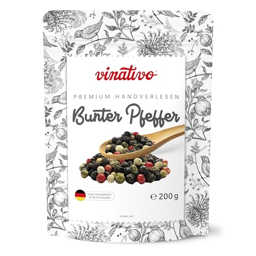 vinativo Bunter Pfeffer – ganz – 200g – Premium Qualität – Pfefferkörner von schwarzem, weißem, grünem Pfeffer und rote Beeren – für die Mühle geeignet vinativo Bunter Pfeffer – ganz – 200g – Premium Qualität – Pfefferkörner von schwarzem, weißem, grünem Pfeffer und rote Beeren – für die Mühle geeignet von vinativo
