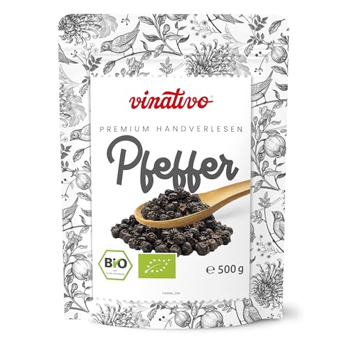 vinativo Schwarzer Pfeffer BIO – ganz – 500g – Bio-Qualität – schwarze Pfefferkörner für die Mühle geeignet von vinativo