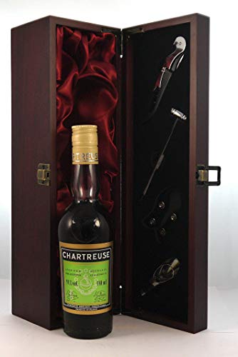 Vintage Wine Gifts - Green Chartreuse Likör (350ml) in einer mit Seide ausgestatteten Geschenkbox, da zu vier Wein Zubehör, Korkenzieher, Giesser, Kapselabschneider, Weinthermometer von vintagewinegifts