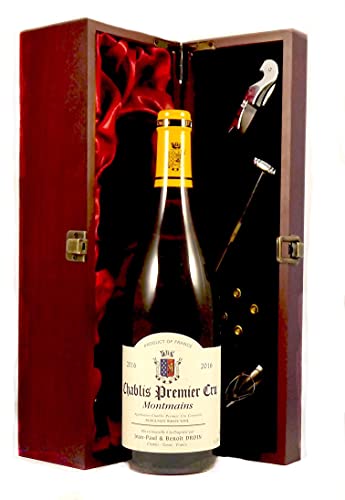 Chablis 1er Cru Montmains 2016 Jean Paul & Benoit Droin in einer mit Seide ausgestatetten Geschenkbox, da zu 4 Weinaccessoires, 1 x 750ml von vintagewinegifts