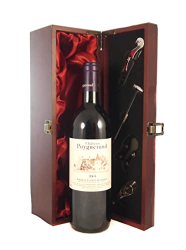 Chateau Puygueraud 2001 Bordeaux in einer mit Seide ausgestatetten Geschenkbox, da zu 4 Weinaccessoires, 1 x 750ml von vintagewinegifts