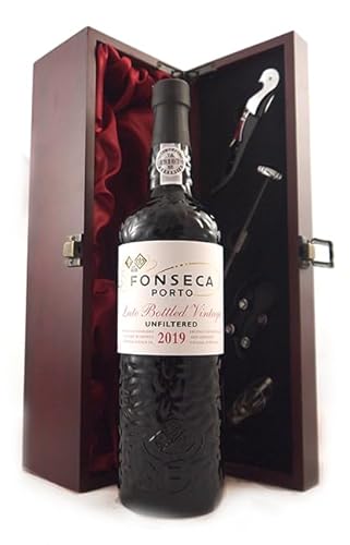 Fonseca Unfiltered Late Bottled Vintage Port 2019 (Silk lined wooden gift box) in einer Geschenkbox, da zu 4 Weinaccessoires, 1 x 750ml von vintagewinegifts