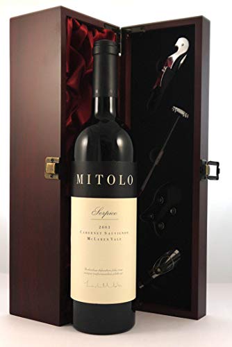 Mitolo Serpico 2003 Cabernet Sauvignon in einer mit Seide ausgestatetten Geschenkbox, da zu 4 Weinaccessoires, 1 x 750ml von vintagewinegifts