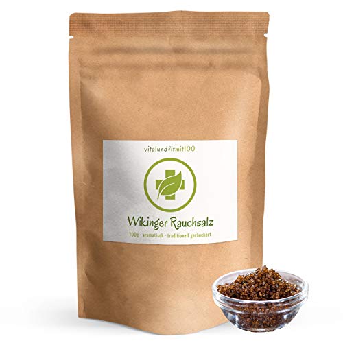 Wikinger Rauchsalz - 100 g - kaltgeräuchertes Meersalz - Original dänisches Rauchsalz - Körnung 1-3 mm - vegan - sehr aromatisch - frei von künstlichen Aromen, Farbstoffen, Konservierungsstoffen von vitalundfitmit100