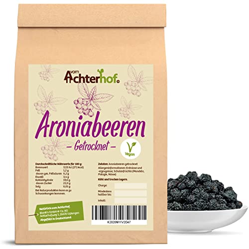 Aroniabeeren getrocknet 500g | feinste getrocknete Aronia-Beeren | süß-säuerlich-herb | ideal als Topping für Müsli, Porridge oder als Zutat für Obstsalat oder Gewürzkuchen | vom Achterhof von vom-Achterhof