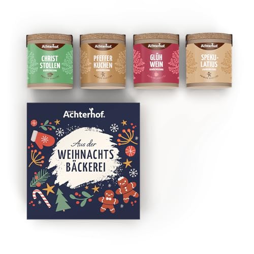 Aus der Weihnachtsbäckerei Gewürzset | 4 x weihnachtliche Gewürze | Christstollen-, Pfefferkuchen-, Spekulatius- und Glühwein Gewürzmischung | Geschenkbox | Probierset | vom Achterhof von vom-Achterhof