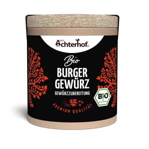 Burger Gewürzzubereitung Bio 52g | Hack-Gewürzmischung aus 10 Gewürzen | würzig lecker, mit angenehmer Schärfe im Abgang | verfeinert jedes Hack- und Veggie-Hackgericht | vom Achterhof von vom-Achterhof