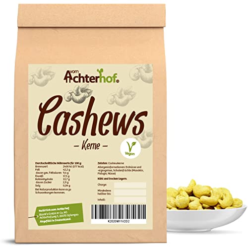 Cashewkerne 250g | ganze Cashew Kerne | Cashewnüsse | mit milder, feiner, leicht süßlicher Geschmack | ideal als purer Snack oder als Topping von Salaten, Currys & Co. | vom Achterhof von vom-Achterhof