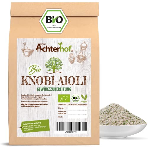 Knobi-Aioli Gewürzzubereitung Bio 100g | mit Knoblauch, Zwiebeln, Salz, Petersilie und Ingwer | Bio-Qualität | ideal Quark, Mayonnaise, Frischkäse Joghurt oder Kräuterbutter | vom Achterhof von vom-Achterhof