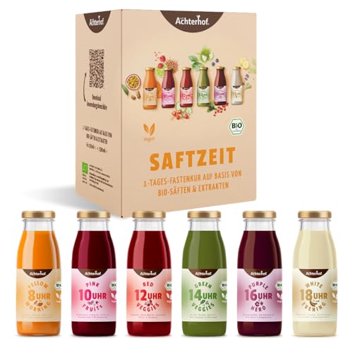 Saftzeit 1-Tages-Fastenkur Bio | 6 Flaschen mit abgestimmten Frucht- und Gemüsesäften verfeinert mit Kräutern, Gewürz- oder Blütenextrakten | fruchtig-süß im Geschmack | vom Achterhof von vom-Achterhof