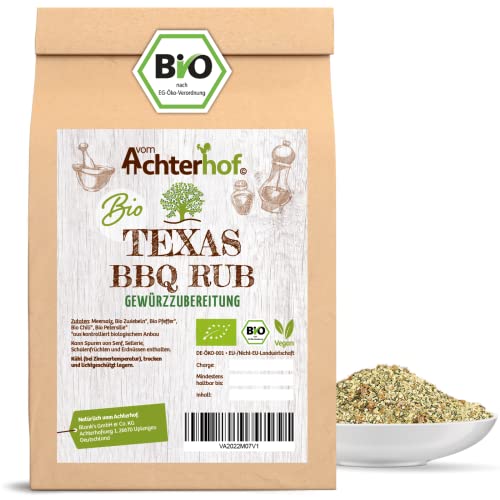 Texas BBQ Rub Gewürzzubereitung Bio 100g | Trockenmarinade mit scharf-süßlichem Geschmack | mit Chilli, Pfeffer, Zwiebeln, Petersilie | ideal zum Würzen von Fleisch, Fisch & Gemüse | vom Achterhof von vom-Achterhof