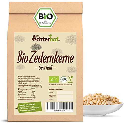 Zedernkerne geschält Bio 250g | geschälte, ganze Zedernnüsse in Bio-Qualität | intensiver, nussiger Geschmack | ideal als Snack oder zur Zugabe in Smoothies, Pestos, Salaten | vom Achterhof von vom-Achterhof