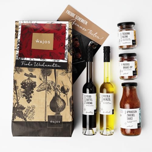 Wajos Geschenkset Weihnachten – Kulinarische Vielfalt in edler Verpackung: Geschenk mit 5 Delikatessen + Flyer von wajos
