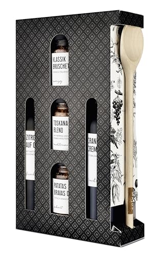 Wajos Geschenk Box für Küchenchefs: 5 Produkte + Kochlöffel zum Kochen für Anfänger, Kochbox mit Öl- & Essig- Gewürz-Kreationen von wajos