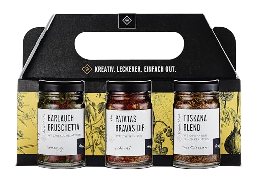 WAJOS Gewürze, Probierpaket mit 3 Gewürzmischungen | Patatas Bravas Dip, Bruschetta Gewürz mit Bärlauch & italienische Kräuter der Toskana | Geschenkset für die Küche & zum Einzug von wajos