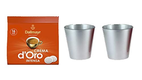 Tassen-Set +Dallmayr Crema d'Oro intensa Pads + 2 Kaffeebecher silber cc 250 von wak
