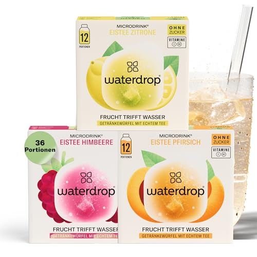 waterdrop® Microdrink Eistee Set | 36 Ice Tea Drops Würfel | Zero Zucker Pulver | 3 fruchtige Sorten: Schwarzer Tee + Pfirsich, Grüner Tee + Zitrone, Weißer Tee + Heidelbeere | Wertvollen Vitaminen von waterdrop MICRODRINK