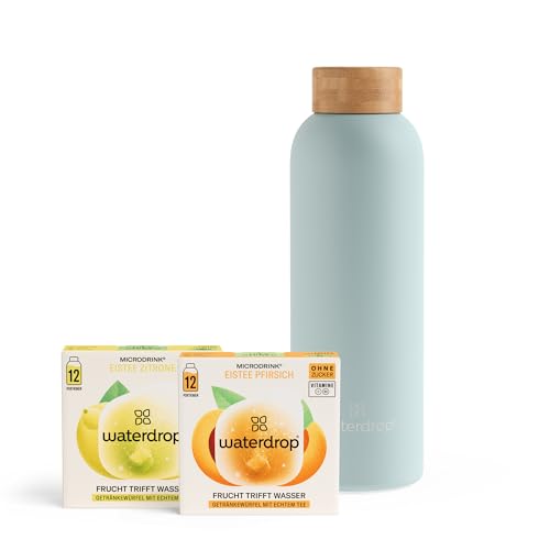 waterdrop® Eistee Set von "Die Höhle der Löwen", Ice Tea Drops Würfel Pfirsich, Zitrone & Heidelbeere mit Edelstahl Trinkflasche, Zero Zucker, Geschmack für Wasser von waterdrop MICRODRINK