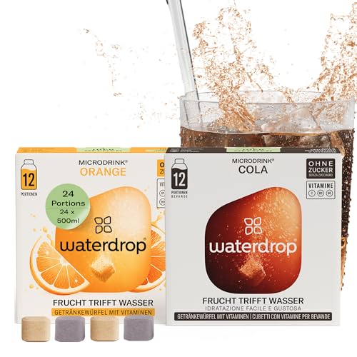 waterdrop® Microdrink Set – Orange & Cola zuckerfrei, 24 Würfel – erfrischenden Geschmack für Wasser – Getränke ohne Zucker – Geschmackspulver mit Vitaminen – Wasserzusatz für Limonade & Cola von waterdrop MICRODRINK