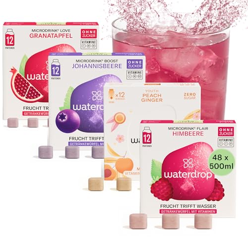 waterdrop® Microdrink Set | 48 Waterdrop Drops Würfel - 4 fruchtige Sorten | Zuckerfreies Getränkpulver | Geschmack für Wasser | kalorienarm mit wertvollen Vitaminen | Brausetabletten | Wasserzusatz von waterdrop MICRODRINK