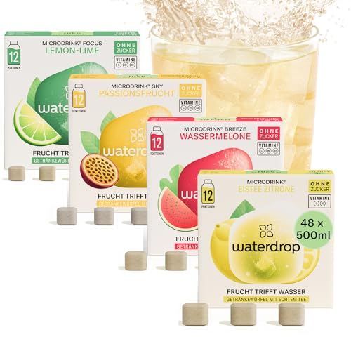 waterdrop® Microdrink Set | 48 Waterdrop Drops Würfel - 4 fruchtige Sorten | Zuckerfreies Getränkpulver | Geschmack für Wasser | kalorienarm mit wertvollen Vitaminen | Brausetabletten | Wasserzusatz von waterdrop MICRODRINK