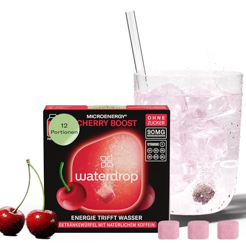 waterdrop® Microenergy CHERRY, Energy Drink Pulver, 12 Würfel Getränkepulver, KIRSCHE Geschmack, Zuckerfrei & Kalorienarm, Mit 90 mg Natürlichem Koffein, Vitamin C & B – Flavour Drops von waterdrop MICRODRINK