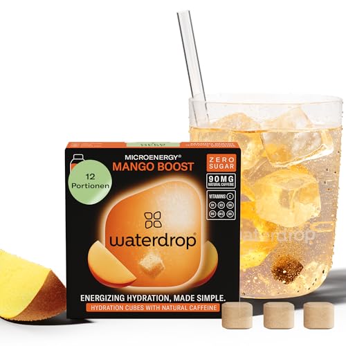 waterdrop® Microenergy MANGO, Energy Drink Pulver, 12 Würfel Getränkepulver, MANGO Geschmack, Zuckerfrei & Kalorienarm, Mit 90 mg Natürlichem Koffein, Vitamin C & B – Flavour Drops von waterdrop MICRODRINK