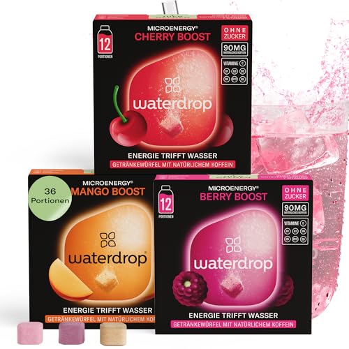 waterdrop® Microenergy Set, Energy Drink Pulver, 36 Würfel Getränkepulver, Mango, Kirsche & Brombeere Geschmack, Zuckerfrei & Kalorienarm, Mit 90 mg Natürlichem Koffein, Vitamin C & B – Flavour Drops von waterdrop MICRODRINK