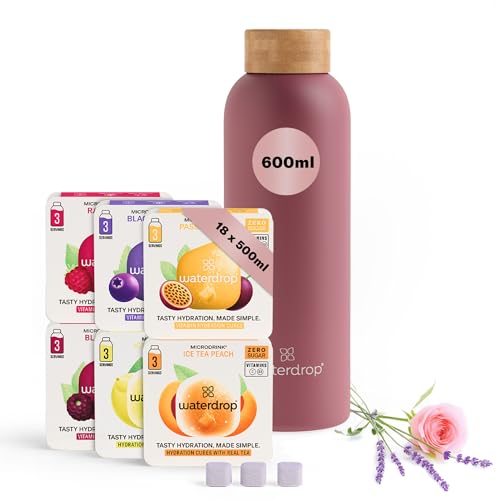 waterdrop® - Muttertagsgeschenk Set - 600ml Trinkflasche mit Geschmack inkl. 18 zuckerfreie Drops - Geschenk für Frauen - Probierpaket mit Wasserflasche - Edelstahl Trinkflasche Kohlensäure geeignet von waterdrop MICRODRINK