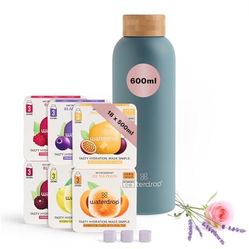 waterdrop® - Muttertagsgeschenk Set - 600ml Trinkflasche mit Geschmack inkl. 18 zuckerfreie Drops - Geschenk für Frauen - Probierpaket mit Wasserflasche - Edelstahl Trinkflasche Kohlensäure geeignet von waterdrop MICRODRINK