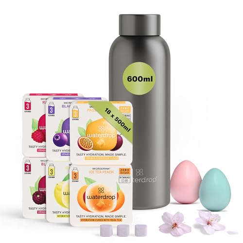 waterdrop® - 600ml Trinkflasche inkl 18 zuckerfreie Drops - Ostergeschenke für Erwachsene - Probierpaket mit Wasserflasche - Edelstahl Trinkflasche Kohlensäure geeignet als Geschenk zu Ostern von waterdrop MICRODRINK