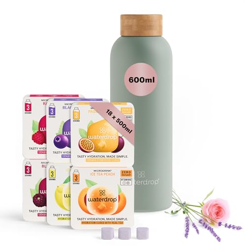 waterdrop® - Muttertagsgeschenk Set - 600ml Trinkflasche mit Geschmack inkl. 18 zuckerfreie Drops - Geschenk für Frauen - Probierpaket mit Wasserflasche - Edelstahl Trinkflasche Kohlensäure geeignet von waterdrop MICRODRINK