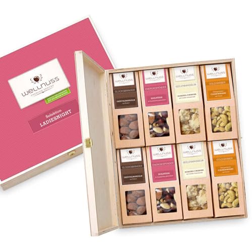 WELLNUSS "Ladiesnight“ - Premium Geschenk-Set für Frauen I In hochwertiger Birkenholzbox I 8 außergewöhnliche Nuss- & Schokoladen-Snacks I Feinkost Geschenkidee für Frauen von wellnuss