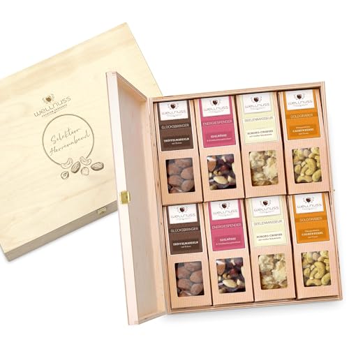 WELLNUSS Geschenkset für Männer "Herrenabend" mit edlen Nüssen und Schokolade | 8 Premium Snacks in der Birkenholzbox (4 x 60-70 g) | Geschenk für Mann, Freund, Papa, Opa zum Geburtstag, Vatertag von wellnuss