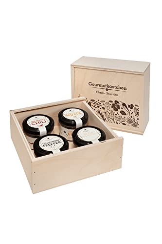 WELLNUSS Premium Gewürzbox 4er Set I In hochwertiger Birkenholzbox I Ausgefallene Sorten aus 4 Ländern I Veganes Geschenk für Männer & Frauen I Geschenkset mit edlen Gewürzmischungen I Kochgeschenk von wellnuss