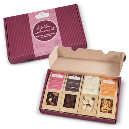 WELLNUSS "Ladiesnight“ - Premium Geschenk-Set für Frauen I 4 Nuss- & Schokoladen-Snacks I Geschenkidee für Frau, Freundin, Mutter, Schwester (4 Snacks im Geschenkkarton, Premium Selektion) von wellnuss